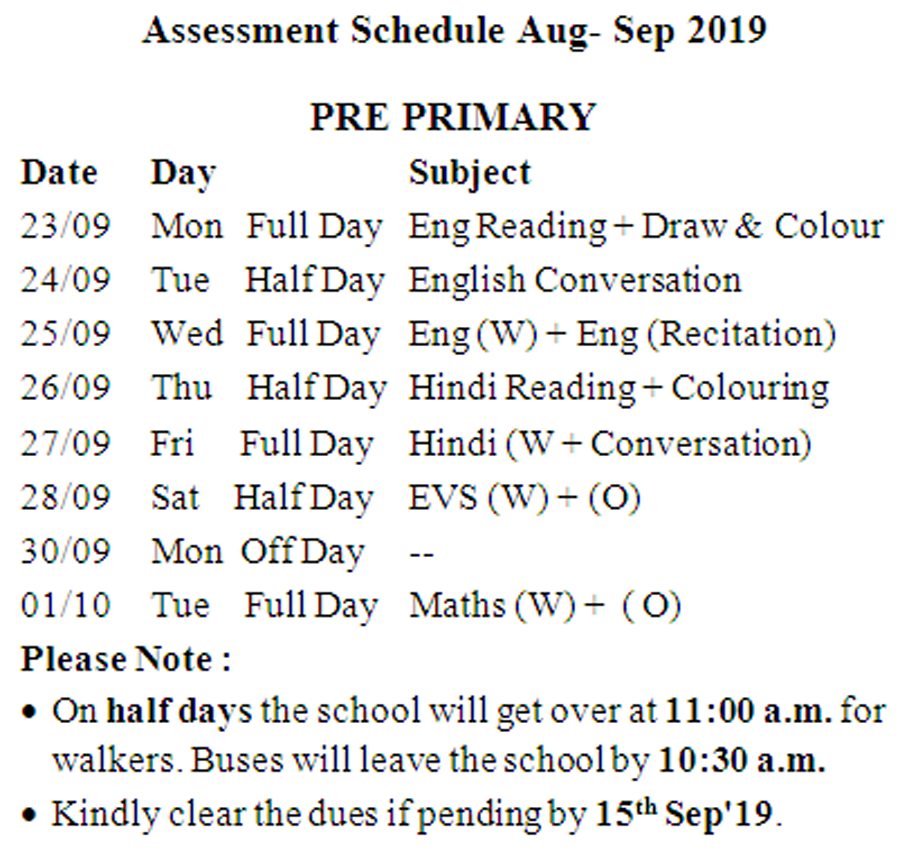 Pre Primary Schedule